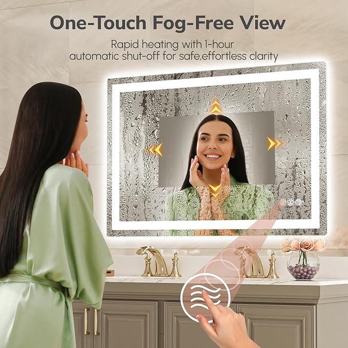USHOWER LED Bathroom Mirror 48x32 Inch with Lights - Frameless Tempered Glass LED Backlit Lighted Mirror for Bathroom Vanity with Anti-Fog, 3 Colors Dimmable, Memory Function, Wall-Mounted