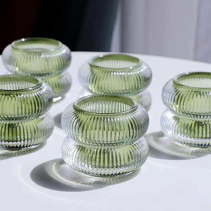 Woho Ribbed Glass Votive Candle Holders Set of 6, Vintage Tealight Candle Holder for Wedding Decor, Elegant Tea Lights Candle Holder for Dinner Table/Christmas Decorations(Green, 2.1" H X 2.75" D)