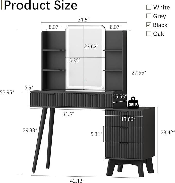 42'' Fluted Makeup Vanity Desk with LED Lights Mirror & Charging Station, Modern Glass Top Vanity Table with 5 Drawers & Open Shelves, Dressing Table for Bedroom, Living Room, Black