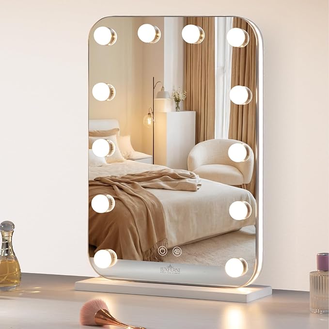 LUXFURNI Vanity Mirror with Lights, Lighted Makeup Mirror with 14 Dimmable Bulbs, Tabletop RGB Color Changing LED Mirror, 3 Color Mode, Touch Control, 20.3" L x 14" W