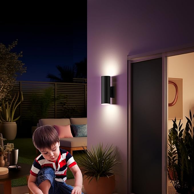 Modern Up and Down Lights Outdoor Wall Sconce, APP Control Color Changing RGB+CCT Outdoor Wall Light for House and Garage, Exterior Light Fixture Cylinder Wall Mount with Smart Bulb (2 Pack)