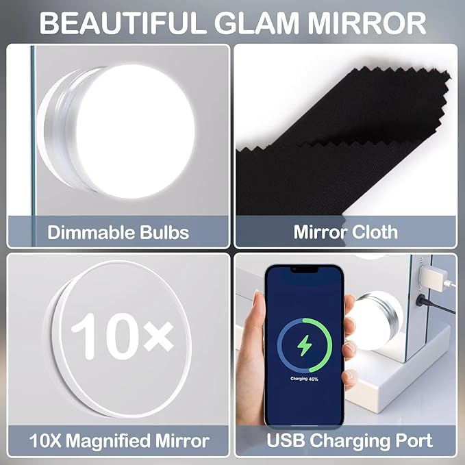 22.8 x 18.2 Vanity Makeup Mirror with Lights, 10X Magnification,Large Hollywood Lighted Vanity Mirror with 15 Dimmable LED Bulbs, USB Charger Port, Tabletop or Wall-Mounted Gold