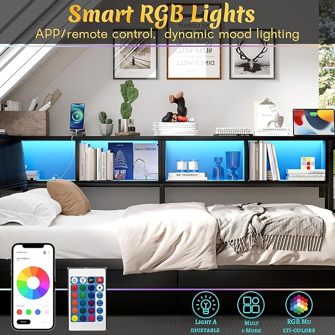 Twin Corner Bed Frame with Desk, LED Lights & Charging Ports, L-Shaped Daybed with Storage Drawers, Bookcase & Open Shelves, Modern Twin Size Daybed for Kids, Teens & Compact Bedrooms,Black