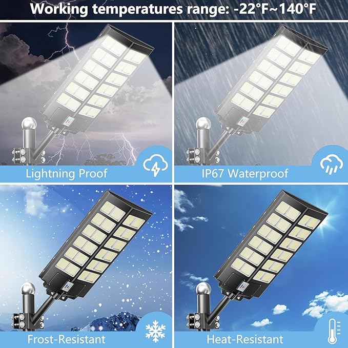 Solar Street Light - 9000W Street Lights Outdoor 260000LM Dusk to Dawn Solar Power Parking Lot Light, IP67 Waterproof Wide Angle Lamp with Motion Sensor for Yard, Road 1 Pack