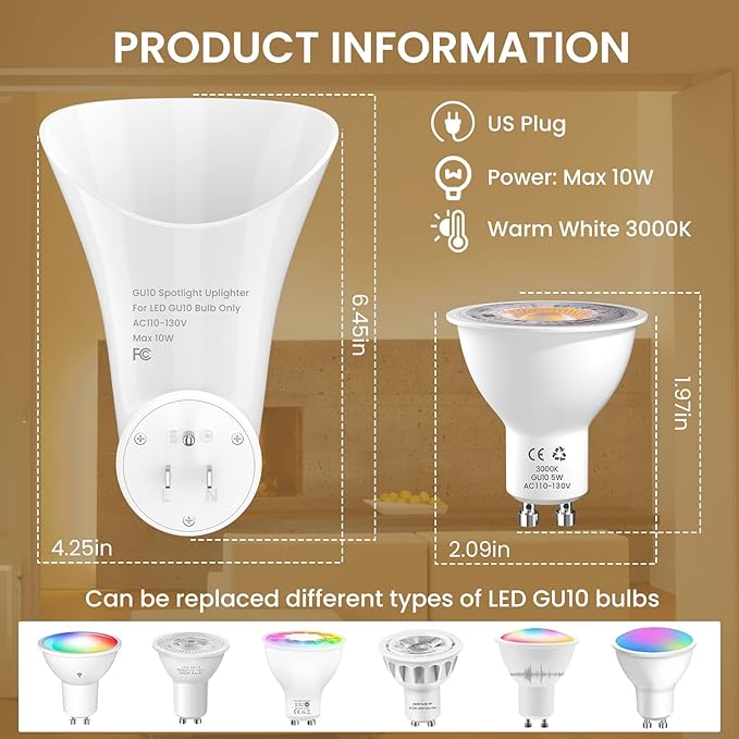 Plug in GU10 Wall Uplighter Lamp with Touch Control, 360° Rotatable Plugin Wall Wash GU10 Spotlight for Indoor Lighting, Indirect Lighting Inside, 5W Warm White 3000K LED Bulb Included