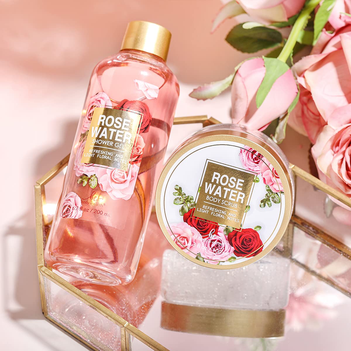 Mothers Day Gifts for Mom, Spa Birthday Gift Baskets for Women Her Wife Girlfriend, with Rose Scented Shower Gel, Body Scrub, Body Lotion, Hand Soap