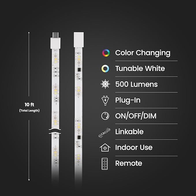 Feit Electric 10FT Smart Chasing LED Strip Light, RGB Color-Changing + Tunable White, Wi-Fi App & Remote Control, Alexa & Google Home, Linkable, Cuttable, Indoor/Outdoor, TAPE10/CHASE/AG