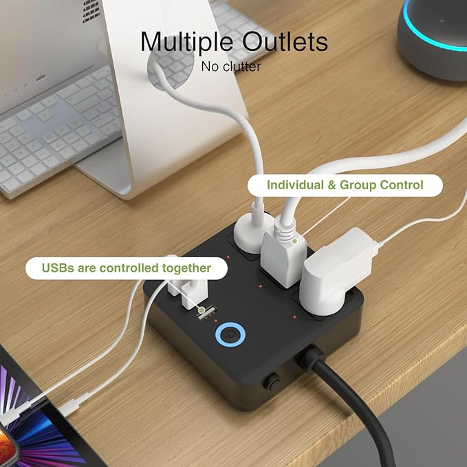 GHome Smart Power Strip Surge Protector 10A, Smart Plug that Works with Alexa & Google Home, 6 in 1 WiFi Outlets with APP Control, Black Extension Cord 2.4G WiFi Only, ETL FCC Listed, No Hub Needed