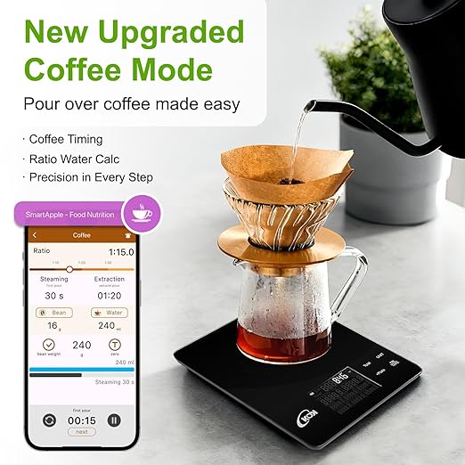 KOK Smart Food Scale with 30 Nutritional Calculator, Coffee Timer Function APP, Track Calorie, Macro, Carb for Weight Loss Keto and Diabetic, Espresso Scale Weight Grams and Ounces 5 Unit 1g/0.05oz