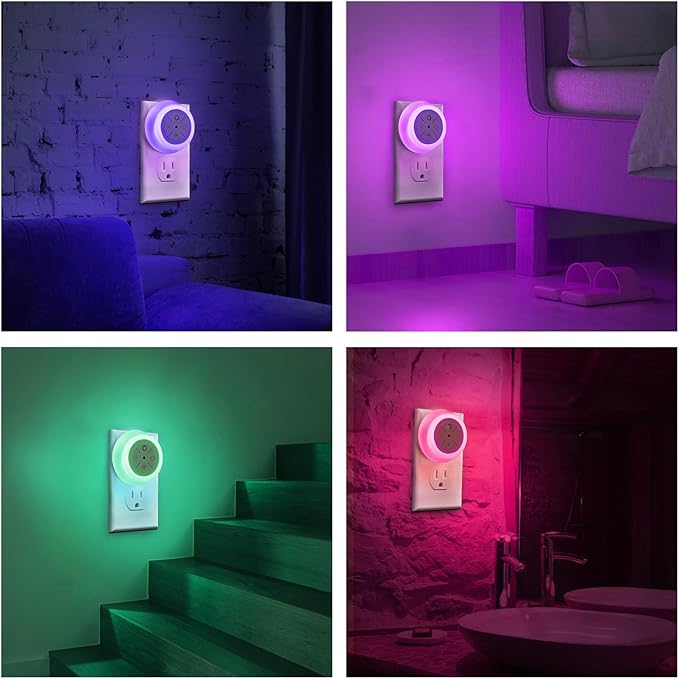 Dawnrise Night Lights Plug Into Wall, Dusk to Dawn Sensor, 2 Pack,12-Color Changing Led Plug in Night Light Dimmable for Bedroom, Stairs, Kitchen, Hallway, Utility Room, Kids Room