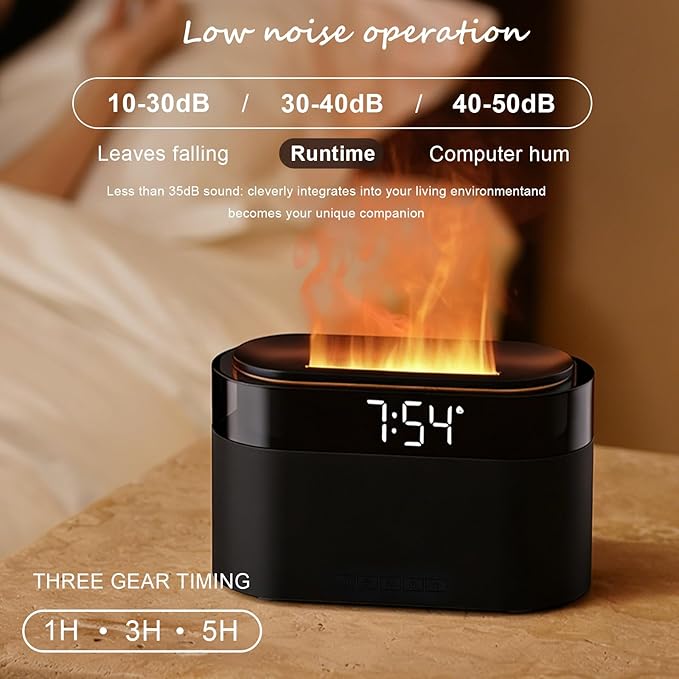 Aroma Diffuser with Flames & Digital Clock, 7 Colors Light Effect Fragrance Oil Diffuser, 150ml Humidifier with Remote Control, Clock Function, Timer, Waterless Auto-Off (Black)