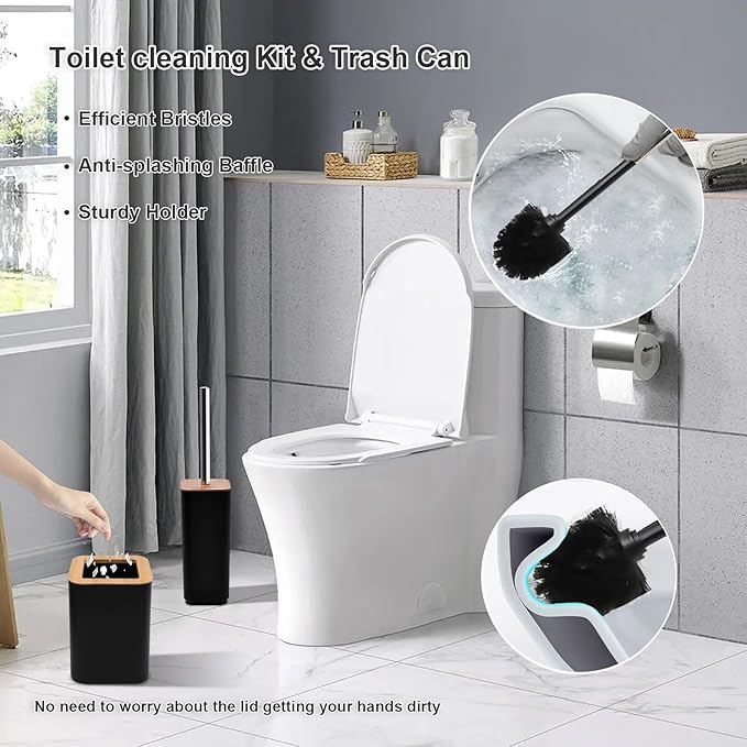Black Bathroom Accessories Set, 9-Piece Modern Bathroom Accessory Kit with Soap Dispenser, Toothbrush Holder, Mouthwash Cup, 2 Qtip Holders, Trash Can, Soap Dish, Toilet Brush & Vanity Tray