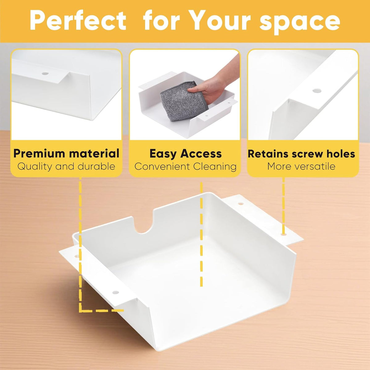 2 Pack Under Desk Hanging Shelf Drawer Organizer, Attachable Plastic Hidden Storage Tray, Easy Adhesive Mount Holder for Standing Tables, Office, Counters, Cabinets, Workstations - White