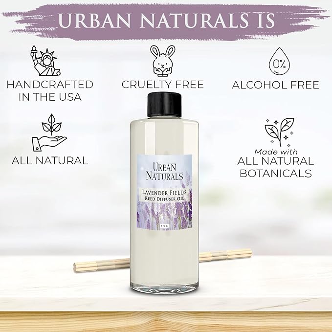 Urban Naturals Reed Diffuser Oil Refill Lavender Fields with Geranium, Clary Sage, Soft Florals 8 oz + Free Reed Sticks, Made in the USA