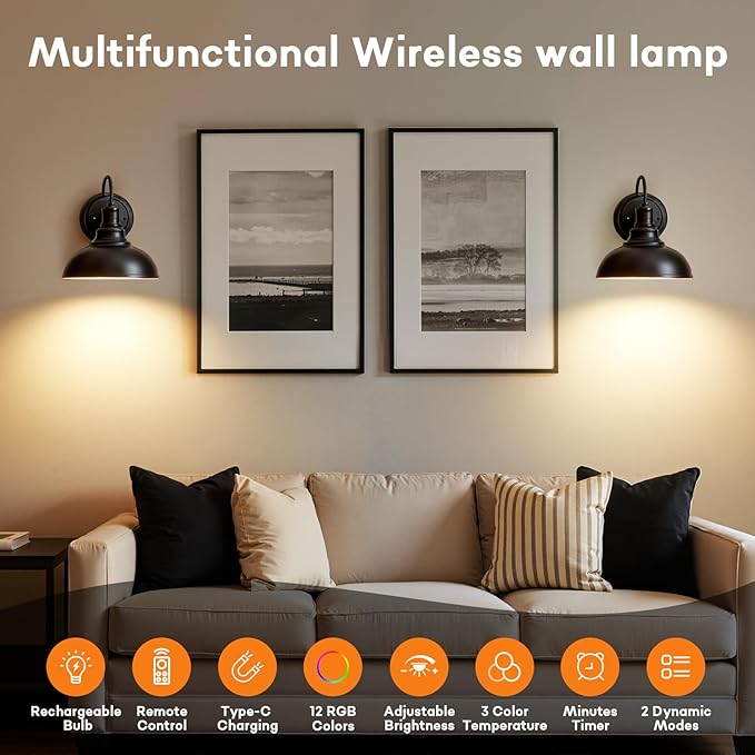 Lightess Black Battery Operated Wall Sconces Set of Two, Vintage Wireless Wall Lights with Rechargeable 12 Colors Bulbs, Dimmable Cordless Gooseneck Wall Decor Lamps with Remote Control