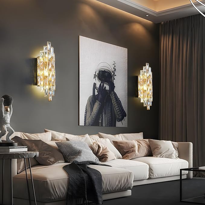 Modern Crystal Wall Sconces,Gold Wall Light Fixtures, Luxury Indoor Wall Lamp,Crystal Vanity Wall Mount Lamps,Wall Lighting for Living Room Bedroom Bathroom Bedside Hallway Stairway