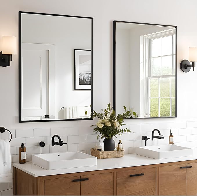 Bathroom Mirror 28x36 Inch, Black Frame Mirror 28"x36", Rectangle Wall Mounted Mirror, Metal Framed Vanity Mirror for Wall 28 by 36, Modern Mirror Hangs Horizontal Or Vertical