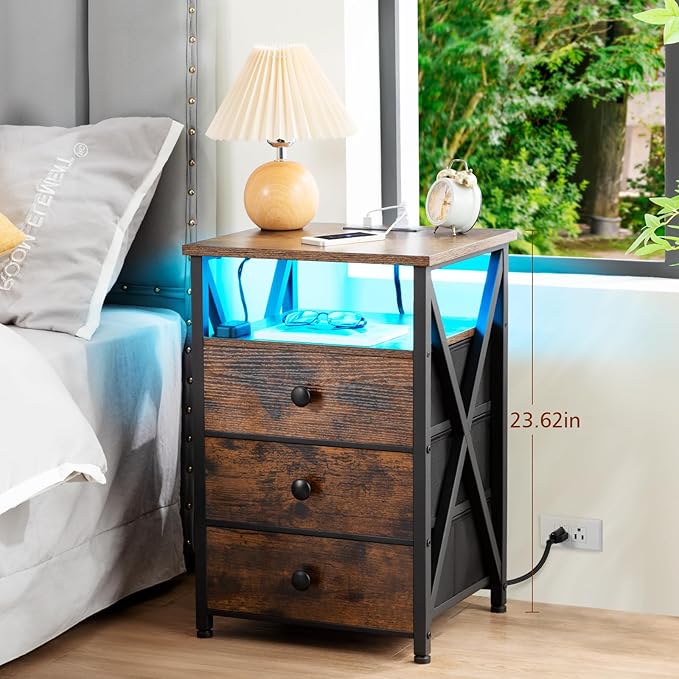 AMHANCIBLE Night Stand Set 2, LED Nightstand with Charging Station, End Side Tables with USB Port & Outlet, Bedside Tables with Fabric Drawers for Bedroom Living Room, Rustic Brown HET053LBR