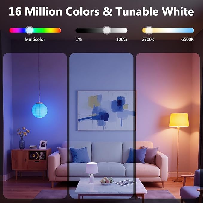 DAYBETTER Smart Light Bulbs, RGBCW Color Changing Smart Bulb Compatible with Alexa & Google Home,Preset Scene, Music Sync, A19 E26 2.4G WiFi Bluetooth Dimmable LED Bulbs, 60W Equivalent, 800LM, 4 Pack
