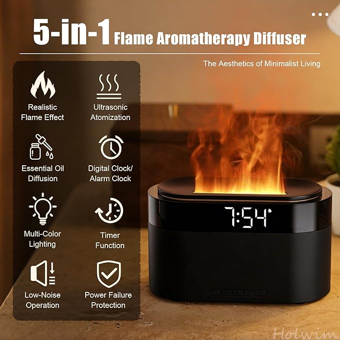 Aroma Diffuser with Flames & Digital Clock, 7 Colors Light Effect Fragrance Oil Diffuser, 150ml Humidifier with Remote Control, Clock Function, Timer, Waterless Auto-Off (Black)