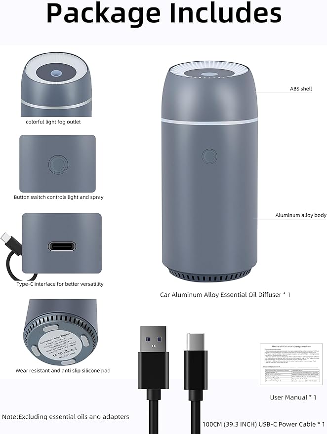 Portable Mini Ultrasonic Essential Oil Diffuser - 100ml USB Aromatherapy Humidifier with 7-Color LED Lights, Upgraded Aluminum Alloy Shell for Home, Office, Bedroom, Car & Small Spaces (Grey)