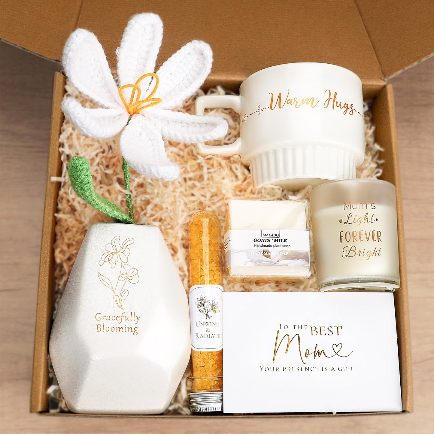 Gift for Mom – Relaxing Spa Basket with Warm Hugs Mug, Scented Candle, Tulip Vase and More, Perfect for Mother’s Day, Birthday, Christmas, Thanksgiving, Retirement & Thank You Gifts