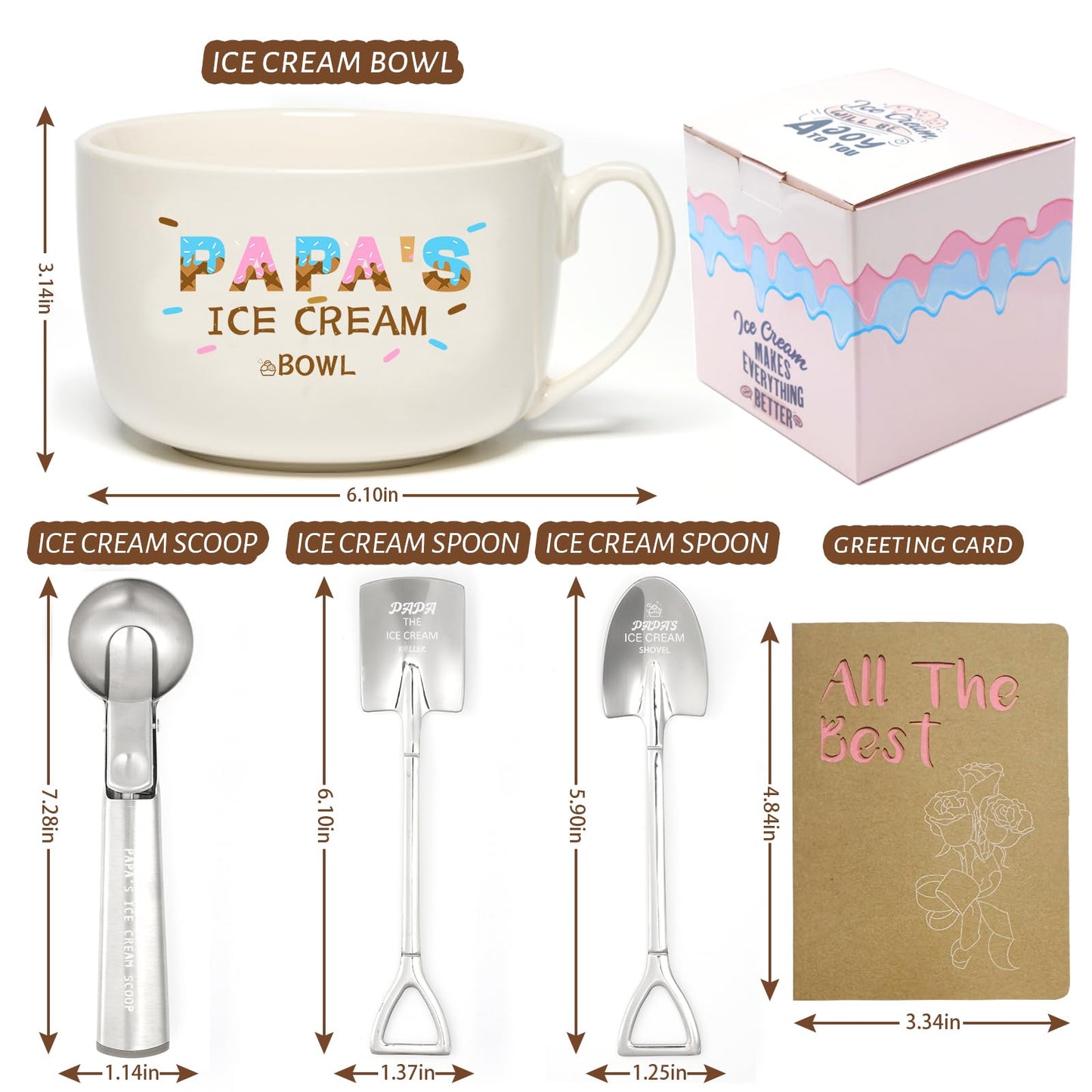 EUUPS Papa Gifts for Christmas Stocking Stuffers, Ice Cream Bowl and Scoop, Shovel Dad's Ice Cream Spoon - Dad Gifts from Daughter Son - Ideal Dad Fathers Day Birthday Gift