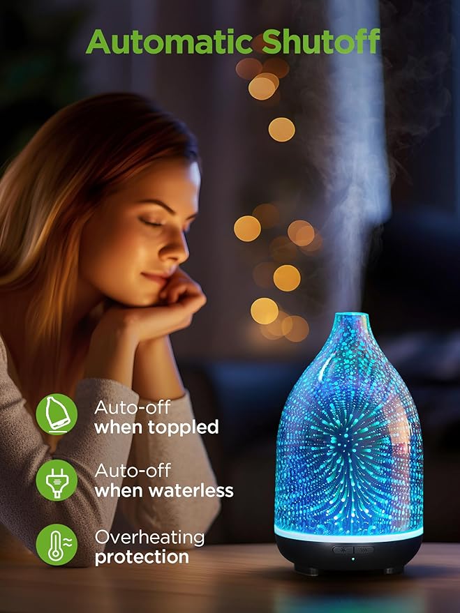 InnoGear Essential Oil Diffuser, 150ml Handmade 3D Glass Aromatherapy Defuser Air Difusor Ultrasonic Cool Mist Humidifier with Timers Waterless Auto Shut-Off