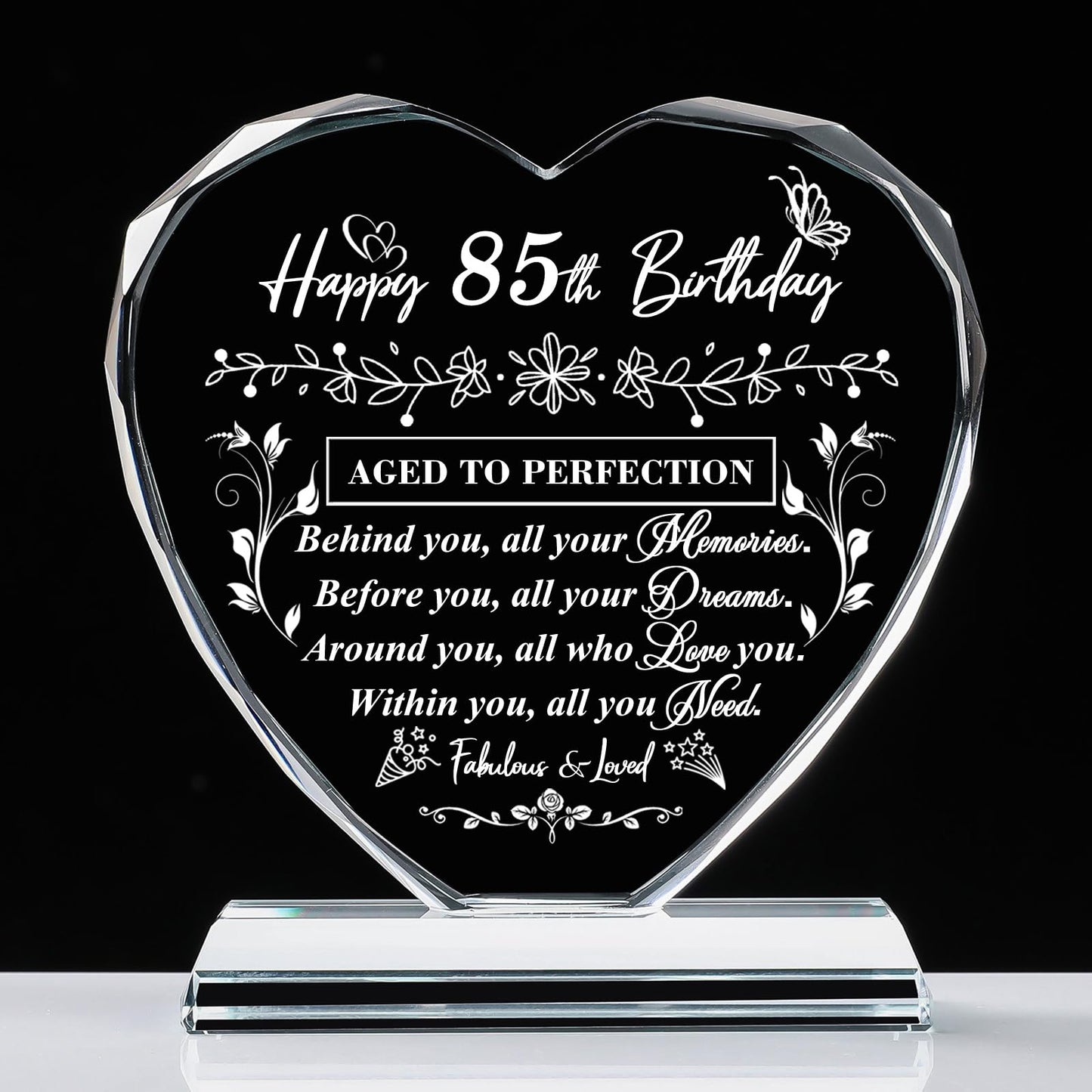 QIANRUNA 85th Birthday Gifts for Women Men, Laser Glass Heart 85th Birthday Decorations Ideas, Happy Birthday Gifts for 85 Year Old Parents Grandparents Husband Wife Mom Dad Friend
