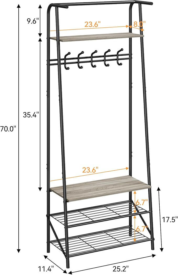 Coat Rack, Floorstanding Hall Tree with Shoe Rack, Wooden and Metal Coat Stand, Industrial Clothes Rack, for Hallway, Living Room, Bedroom, 25.2''x11.4''x70'', Grey