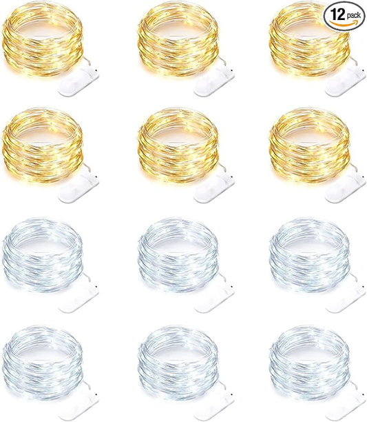 12 Pack Fairy Lights Battery Operated String Lights 7 Feet 20 Led Waterproof Christmas Lights Silver Wire Firefly Starry Moon Lights for Bedroom DIY Party WW+WT