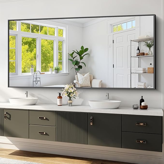 Koonmi Black Framed Bathroom Mirror - Shatterproof 30"x71" Tempered Glass, HD No Distortion, Horizontal/Vertical Mount, Modern Matte Aluminum Alloy Frame