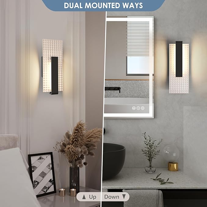 Hyunbae Modern LED Wall Sconces Up and Down Wall Mount Light Black, 3000K Indoor Light Fixtures with Frosted Glass Bathroom Vanity Lights Dimmable Lighting Lamp for Home Stairway Hallway Bedoom