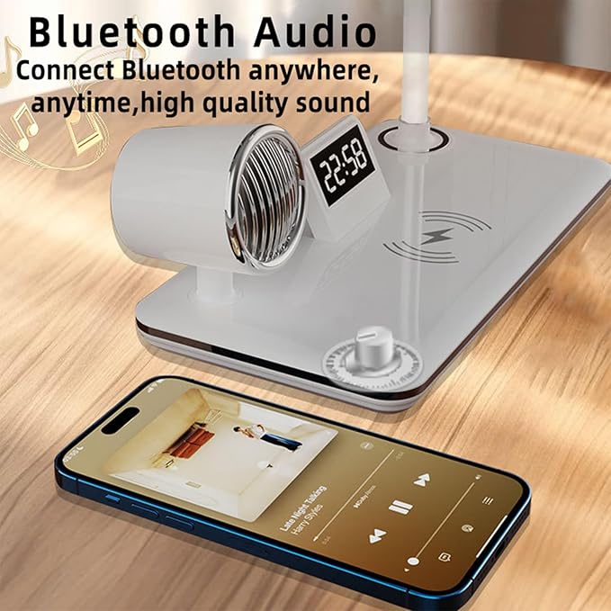 All-in-One Bedside Lamp with Wireless Charger, Digital Clock, Bluetooth Speaker & Adjustable Lighting - 15W Fast Wireless Charging, Dimmable 3 Color Modes, Flexible Gooseneck,HYT-1772 White.