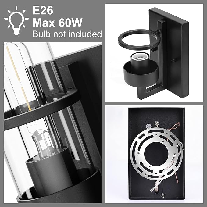 Tipace Black Wall Light Fixtures,Industrial Wall Sconces Clear Glass Wall Mount Sconce,Wall Lamp for Living Room Bedroom Hallway(Bulb not Include)
