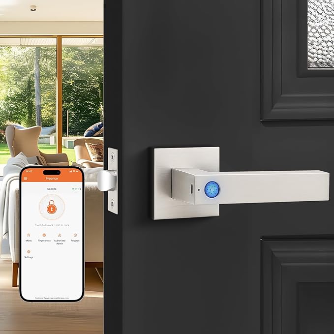 Probrico Smart Lock Keyless Entry Door Lock with Handle, Satin Nickel Smart Locks for Front Door Fingerprint Door Handle for Bedroom Bathroom, Electronic Biometric Digital WiFi APP Control