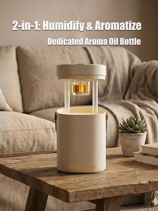 Humidifier for Bedroom, 2L Cool Mist Humidifier with Essential Oils Diffuser and Nightlight, Top Fill Humidifiers for Home, Auto Shut-Off, Carry Handle, Quiet Easy to Fill & Clean for Home