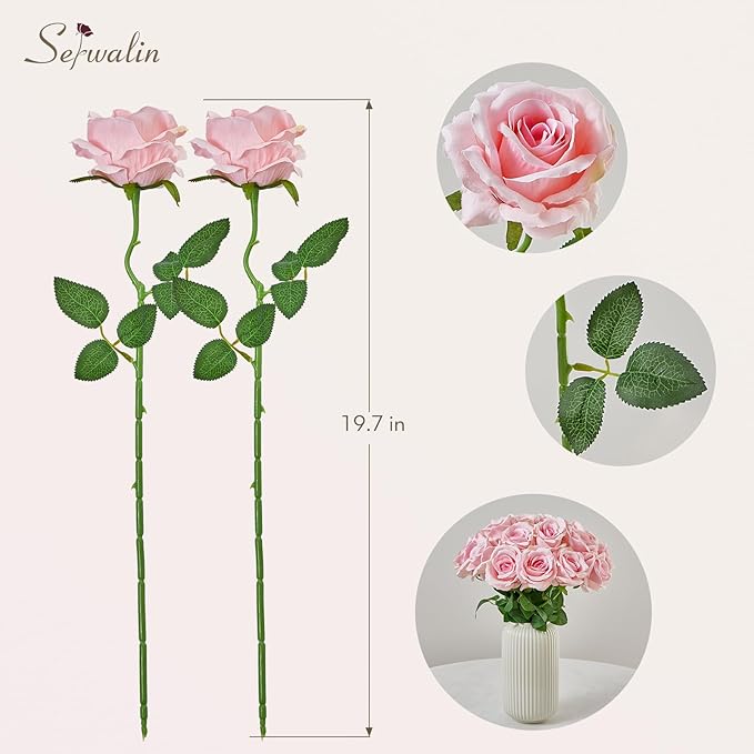 Serwalin 20pcs Bright Pink Artificial Roses, 4'' Big Flower Head, Velvet Roses Real Touch, Silk Fake Roses Long Stem Realistic Bouquet for Wedding Table Centerpiece and Home Decor