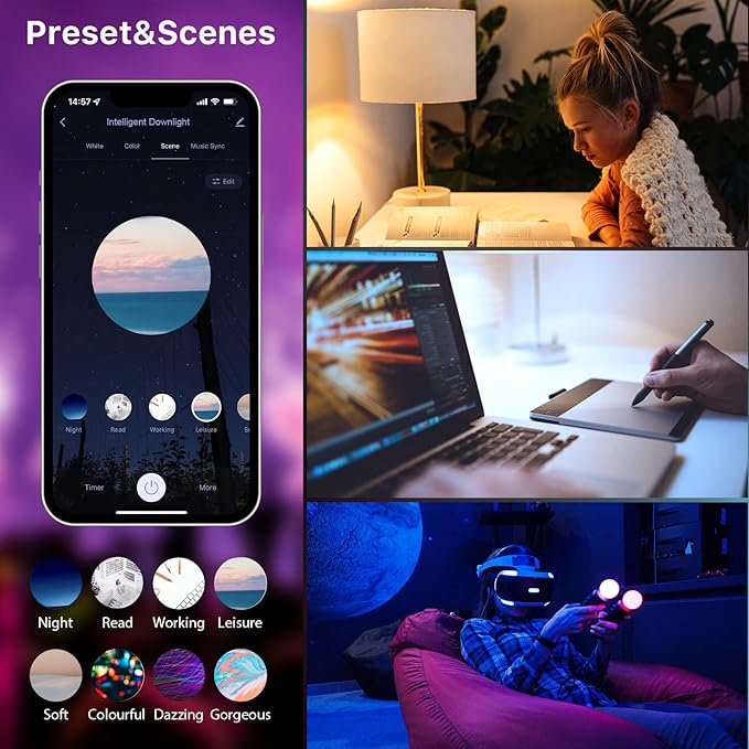ORALUCE Smart Recessed Lighting 6 Inch, WiFi＆Bluetooth Color Changing Retrofit LED Can Lights, 13W 1050LM RGBCW 2700-6500K Ultra-Thin Wafer Lights Compatible with Alexa/Google Assistant, 4Pack