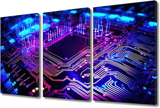 TUMOVO Wall Art for Living Room Circuit Board Canvas Wall Art Semiconductor Chip Artwork for Home Walls Large Wall Decor Chip Modern Home Decor Stretched and Framed Ready to Hang 3 Pieces, 36" Wx24 H