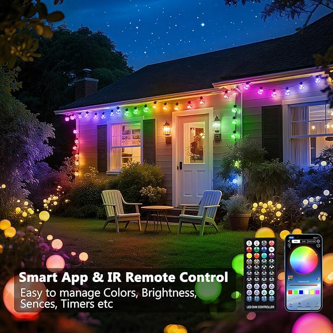 Outdoor String Lights, 25ft 20 G40 Bulbs LED Color Changing Hanging Lights Dimmable with 220+ Scene Modes, App Control, IP65 Waterproof Globe Bulb for Indoor Patio Backyard Balcony Decor