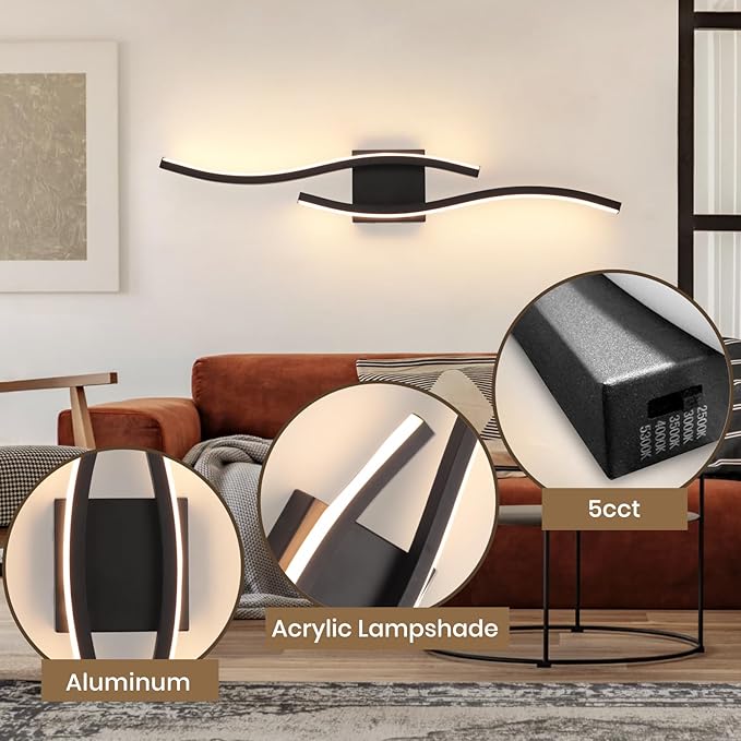 Modern Black Wall Sconce, 5CCT Dimmable Indoor Led Wall Sconce Lighting, Hardwire Black Led Wall Lamps for Living Room Bedroom Bathroom Hallway, Indoor Wall Decor Bedside Wall Lamp, 31.5Inch
