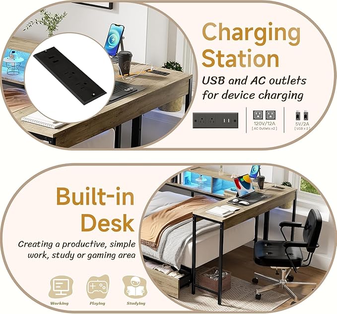 Twin Corner Bed Frame with Desk and Storage Bookcase, L- Shaped Daybed with 2 Drawers, LED Lights & 2 Charging Station, Modern Metal Twin Size Platform Bed for Kids/Teen Bedroom, Brown