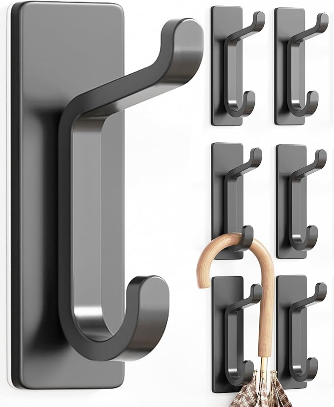 pickpiff Wall Hooks for Coat and Towel: 13LB Strong Adhesive Door Hanger Stick on, Grey 6 Pack