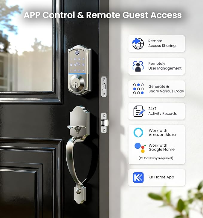 Veise VE017-H Fingerprint Smart Front Door Lock Set, App Control, 8-in-1 Keyless Entry Deadbolt with Zinc Alloy Handles, Emergency Power Port, Touchscreen Keypad, Auto Lock, Easy Install, Satin Nickel