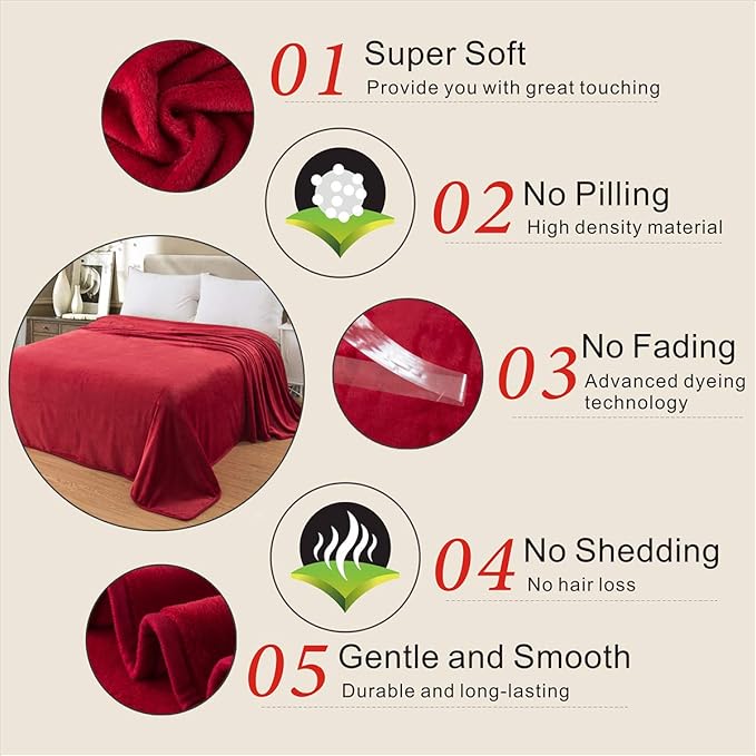 Fleece Queen Size Summer Blanket All Season 350GSM Lightweight Throw for The Bed Extra Soft Brush Fabric Winter Warm Sofa Blanket 90" x 90"(Red Queen)