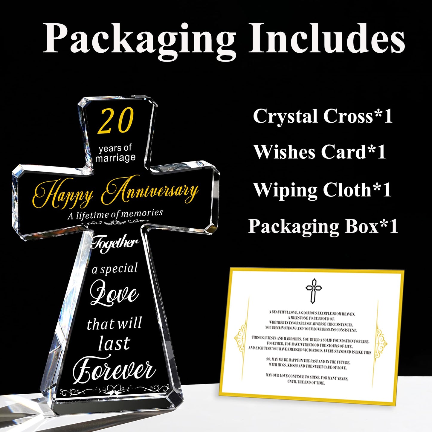 JOASURA 20th Wedding Anniversary Crystal Cross Gifts for Couple, 4x6” Laser Engraved 20 Years of Marriage Religious Gift for Parents