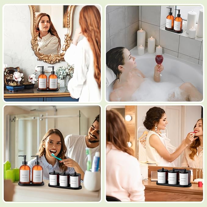 Yaomiao 5 Pack Amber Frosted Glass Bathroom Accessories Set Complete, Kitchen Modern Liquid Soap Dispenser Set with Pump and Wood Tray, Toothbrush Holder Cotton Swab Jars with Lids for Sink Countertop