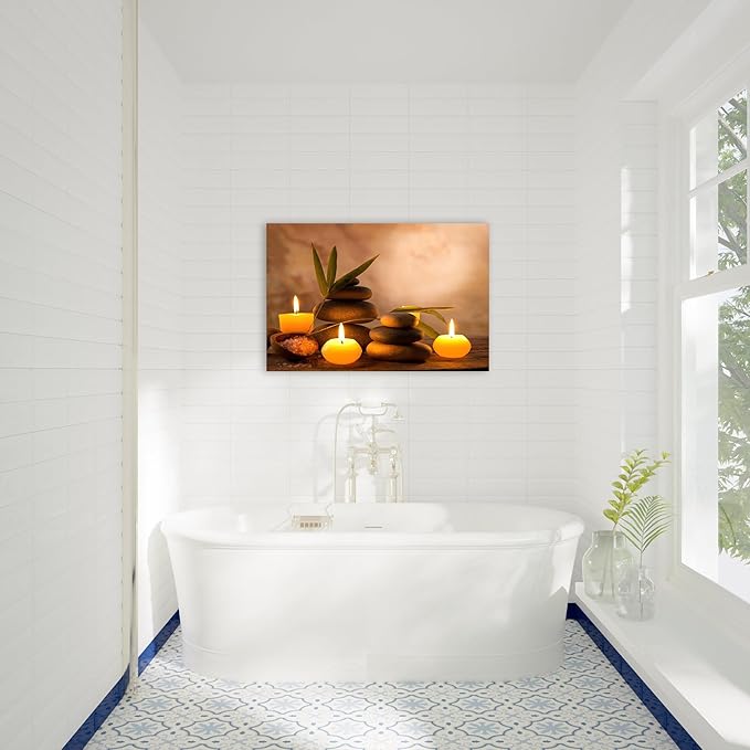 Zen Wall Art Decor, Modern Bathroom Zen Decor Wall Art, Zen Relaxing Canvas Wall Art for Spa Room Decor, Black Pebble and Lighted Candles Zen Art Prints for Office & Spa Wall Decor 12x18 Inches