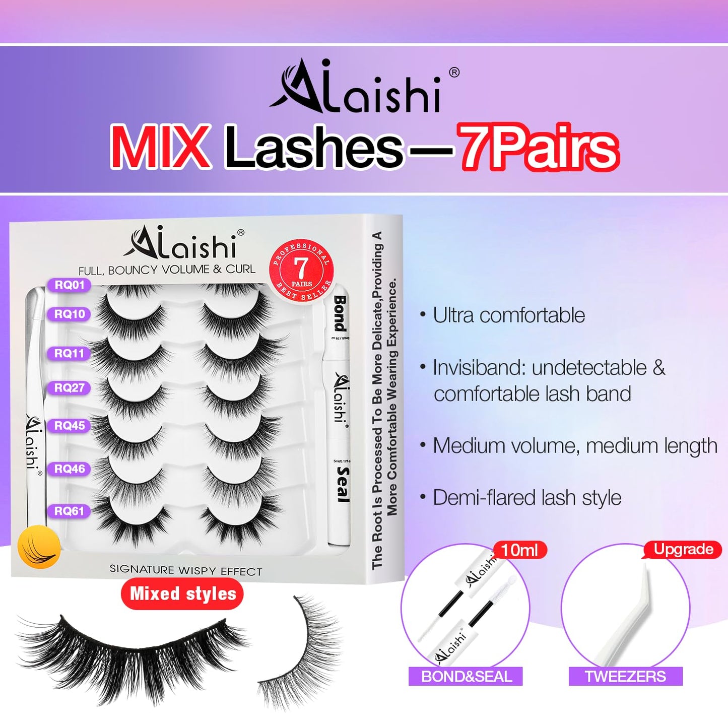Wispy False Eyelashes Kit With Bond, Seal and Tweezer, 7 Pairs Natural Look Fake Cat Eye Lashes Strips Thin Band Extensions Waterproof Easy Eyelashes for Beginners RQ7Variety Mix